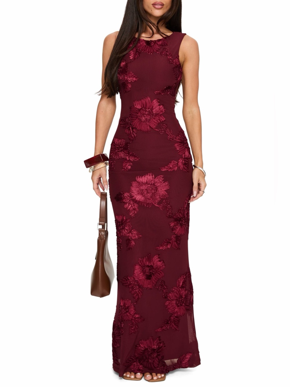 Princess Polly Fionna Floral Sleeveless Maxi Dress Burgundy Size 0 NWOT